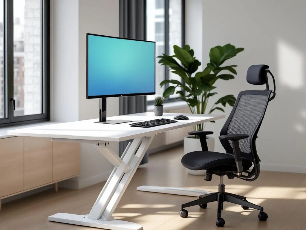 Moderne kantoorwerkplek met witte zit-sta bureau, ergonomische stoel, monitor en groene plant bij raam