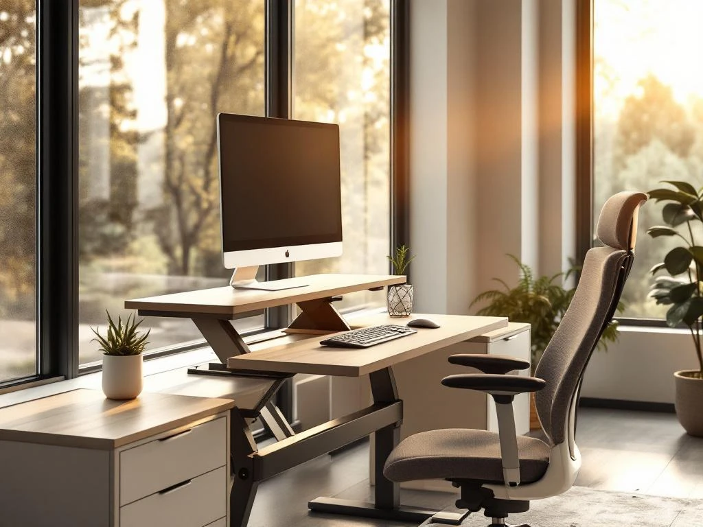 Moderne ergonomische werkplek met zit-sta bureau, monitor en toetsenbord in optimale positie, natuurlijk licht
