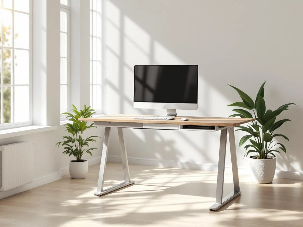 Moderne ergonomische zit-sta werkplek met computer, bureaustoel en plant bij raam met natuurlijk licht