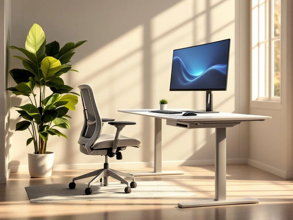 Moderne ergonomische werkplek met zit-sta bureau, monitor, bureaustoel en plant bij groot raam met natuurlijk licht