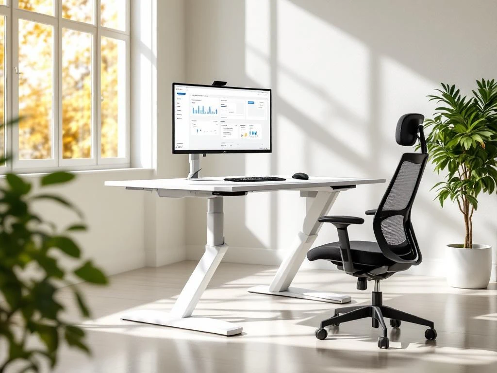 Moderne kantoorwerkplek met witte zit-sta bureau, ergonomische stoel, monitor en groene plant bij raam