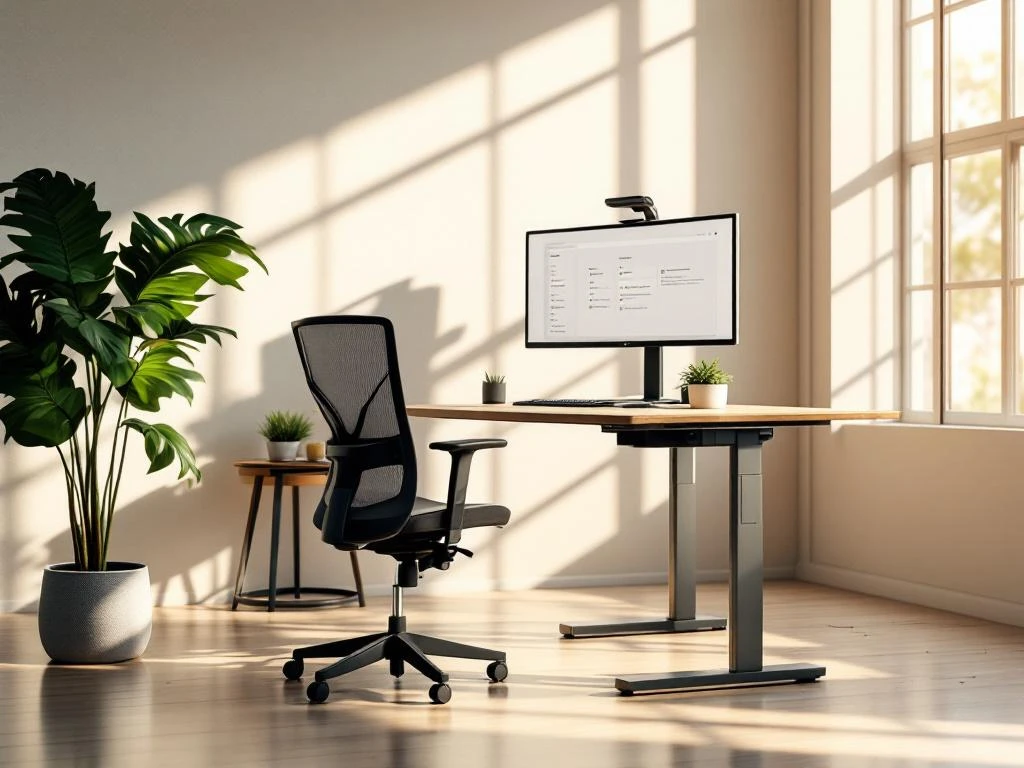 Moderne kantoorinrichting met zit-sta bureau, ergonomische stoel, computer setup en natuurlijk licht door ramen