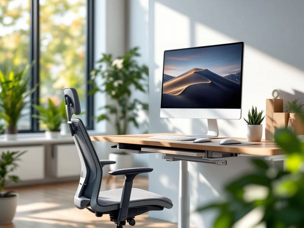 Moderne ergonomische kantoorwerkplek met zit-sta bureau, bureaustoel, monitor en groene plant bij groot raam