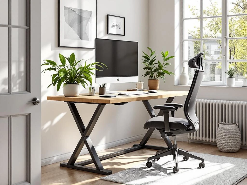 Moderne ergonomische werkplek met hoogte-verstelbaar bureau, bureaustoel, monitor en plant bij raam