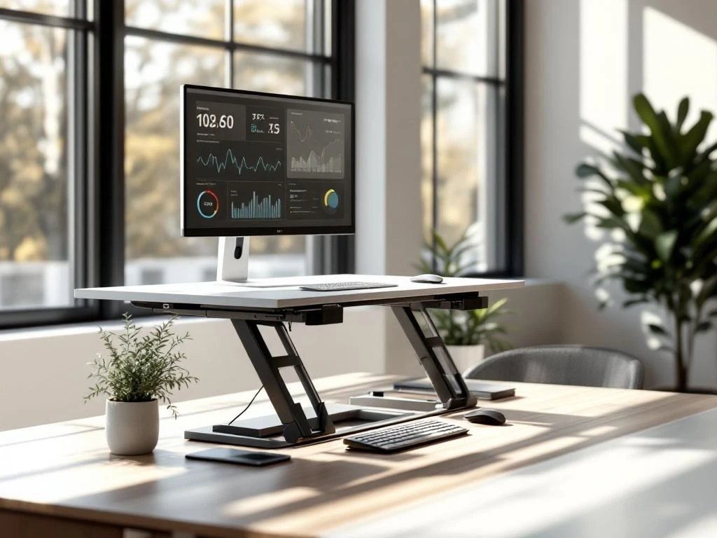 Moderne ergonomische werkplek met sta-zit bureau, mesh bureaustoel en monitor met gezondheidsgegevens in lichte kantoorruimte