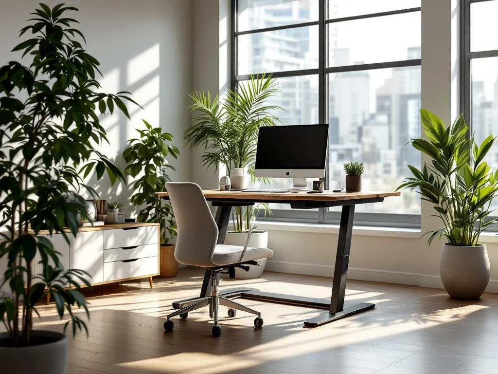 Moderne kantooromgeving met in hoogte verstelbaar bureau, ergonomische stoel en computer setup bij groot raam met plant