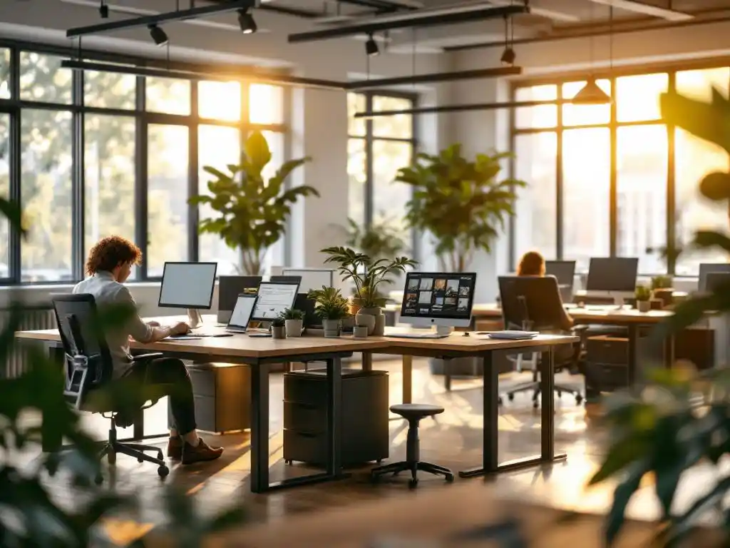 Moderne kantoorruimte met flexibele werkplekken, ergonomische stoelen en natuurlijk licht door grote ramen