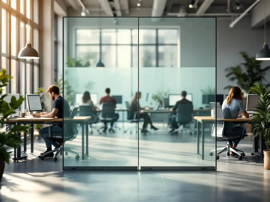 Glazen privacyscherm verdeelt moderne kantoorruimte met medewerkers aan ergonomische bureaus, natuurlijk licht door ramen