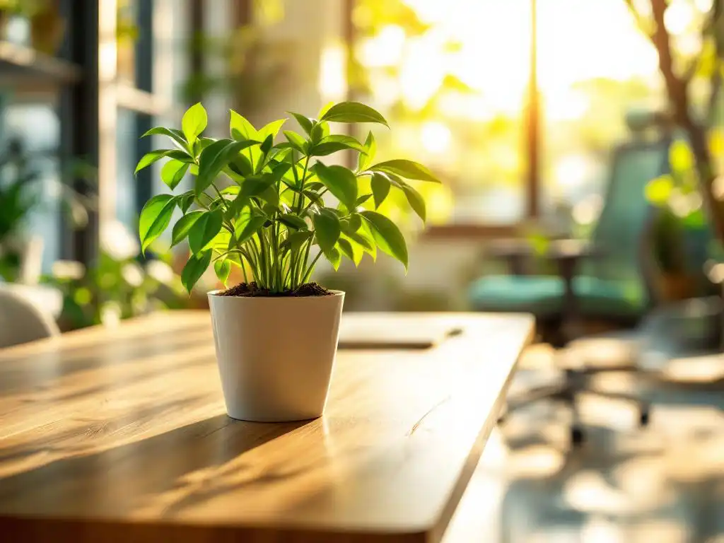 Weelderige groene plant op houten bureau naast ergonomische bureaustoel, zonlicht valt door ramen op bamboe vloer