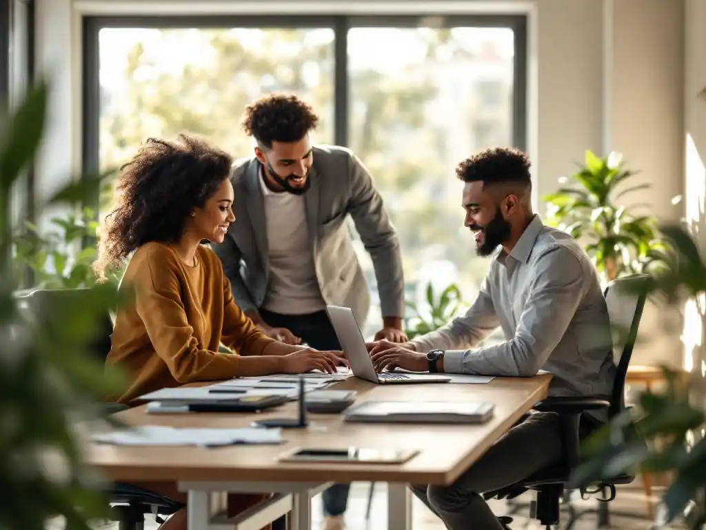 Diverse professionals werken samen aan verstelbaar bureau in moderne kantooromgeving met natuurlijk licht en planten