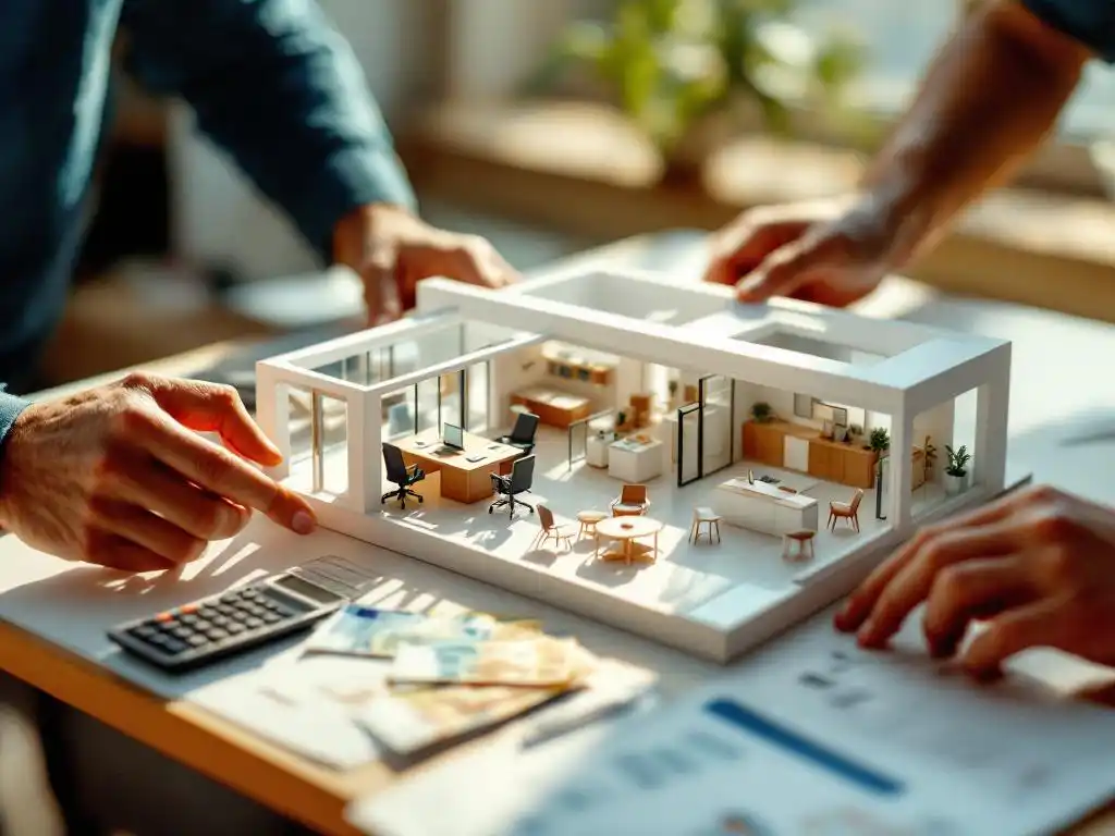 Architectuurmodel van modern kantoor op wit bureau met miniatuur ergonomische stoelen, euro bankbiljetten en rekenmachine