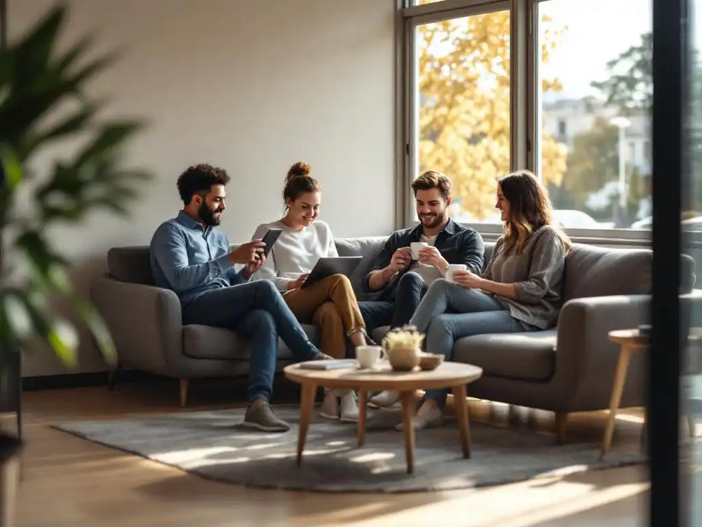 Medewerkers ontspannen op moderne grijze bank in kantoorlounge, een leest op tablet terwijl ander koffie drinkt bij raam