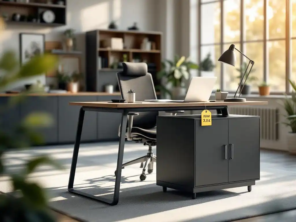 Moderne kantoorwerkplek met prijskaartjes op ergonomische bureaustoel, bureaulamp, opbergkast en laptopstandaard in helder daglicht