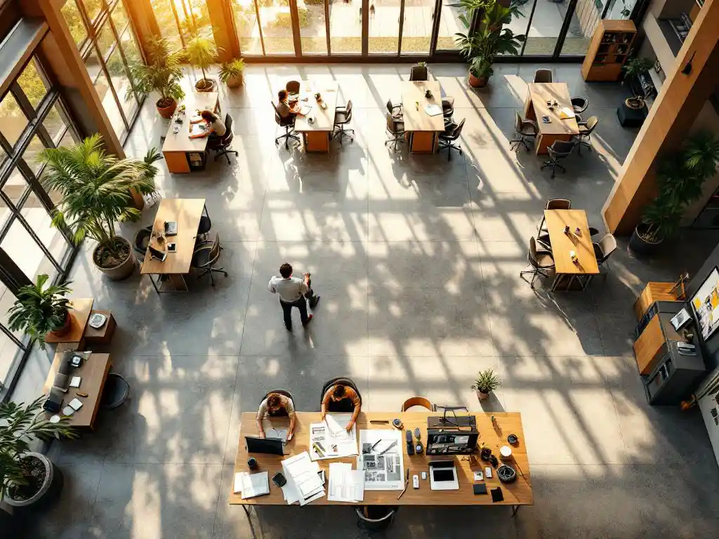 Moderne kantoorvloer met ergonomische bureauclusters, vergaderruimtes en natuurlijk licht door grote ramen, architecturale blauwdrukken op voorgrond