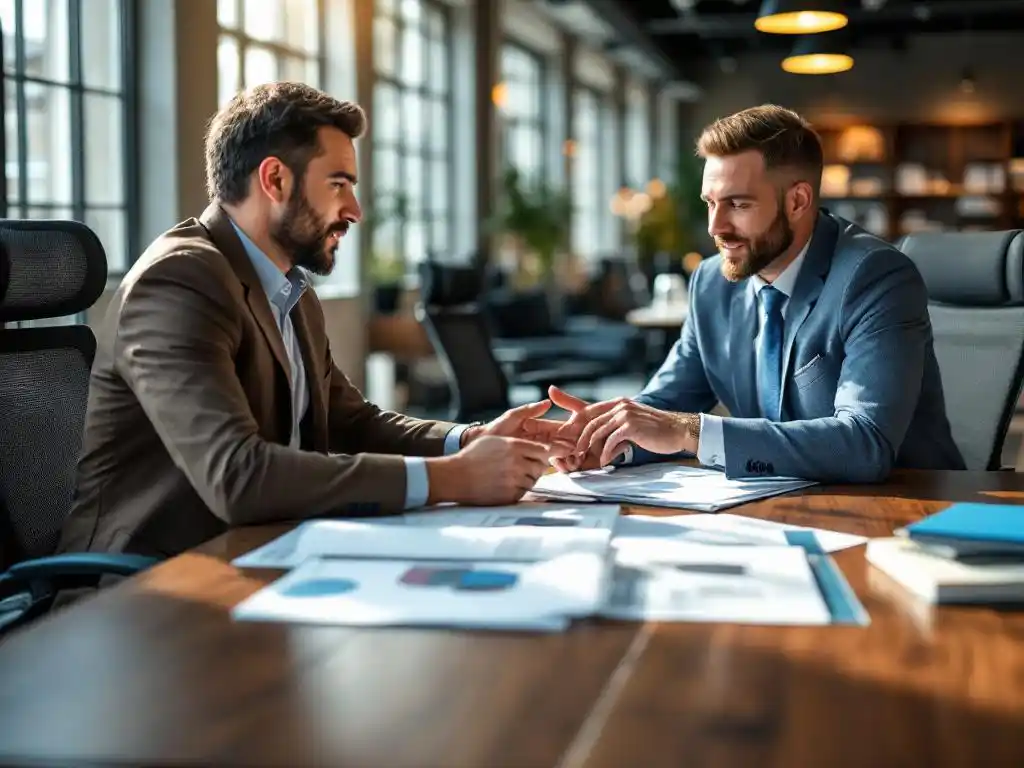 Zakelijke professional en kantoormeubelconsultant bespreken plattegronden en stoffenstalen aan vergadertafel met ergonomische stoelen op achtergrond