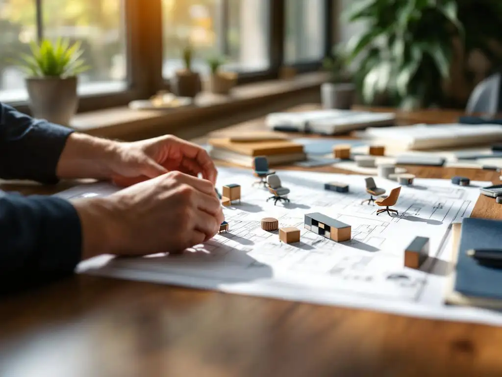 Professionele interieurontwerper rangschikt miniatuur kantoormeubelmodellen op blauwdrukken, met ergonomische stoelstalen en stofmonsters op notenhouten bureau