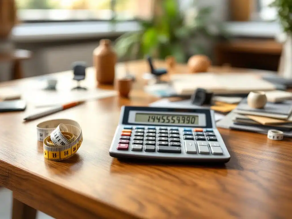Houten bureau met open rekenmachine omringd door miniatuur kantoormeubelstalen, stoeltjes en stofmonsters bij raam