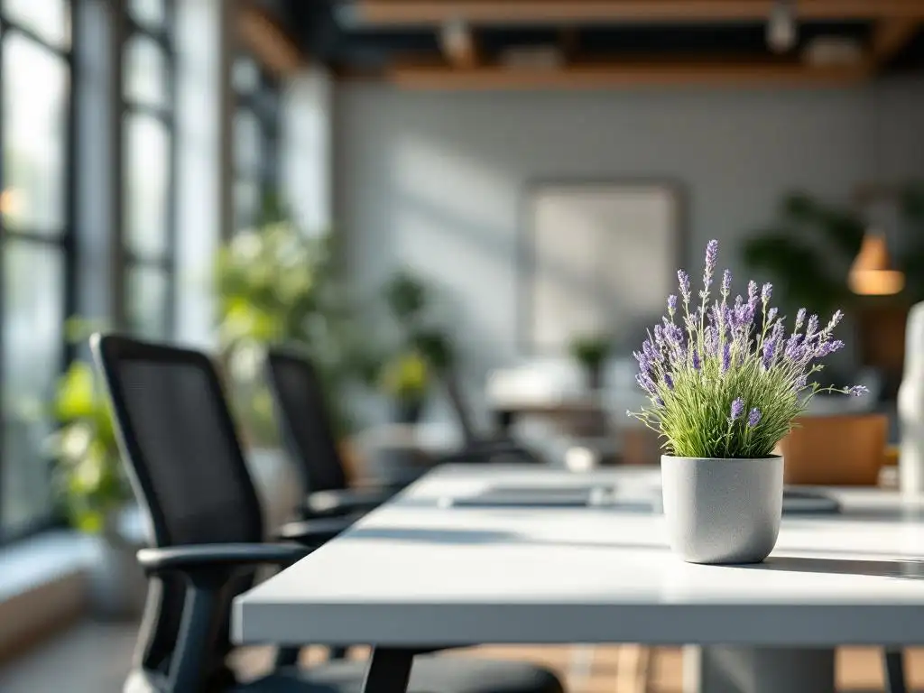 Kleine lavendel plant op wit bureau in modern kantoor met natuurlijk licht en ergonomische stoel