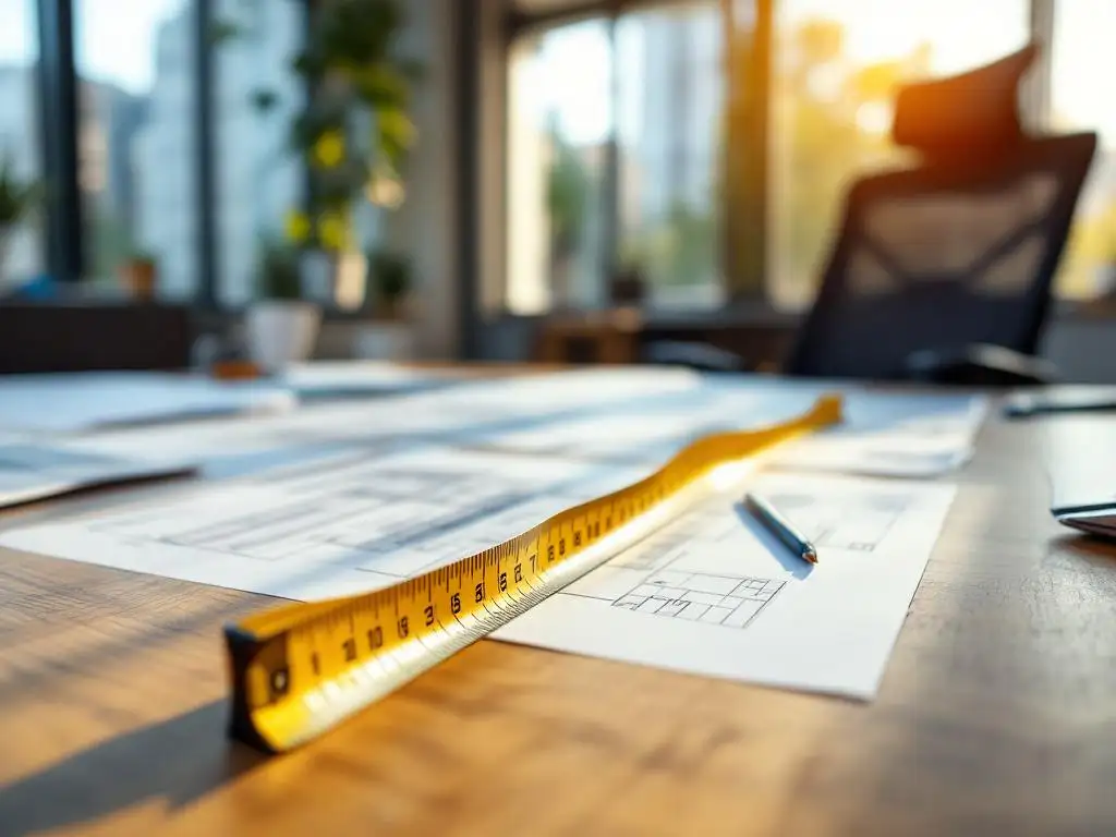 Meetlint uitgestrekt over moderne eiken bureau met architecturale blauwdrukken, ergonomische bureaustoel op perfecte afstand