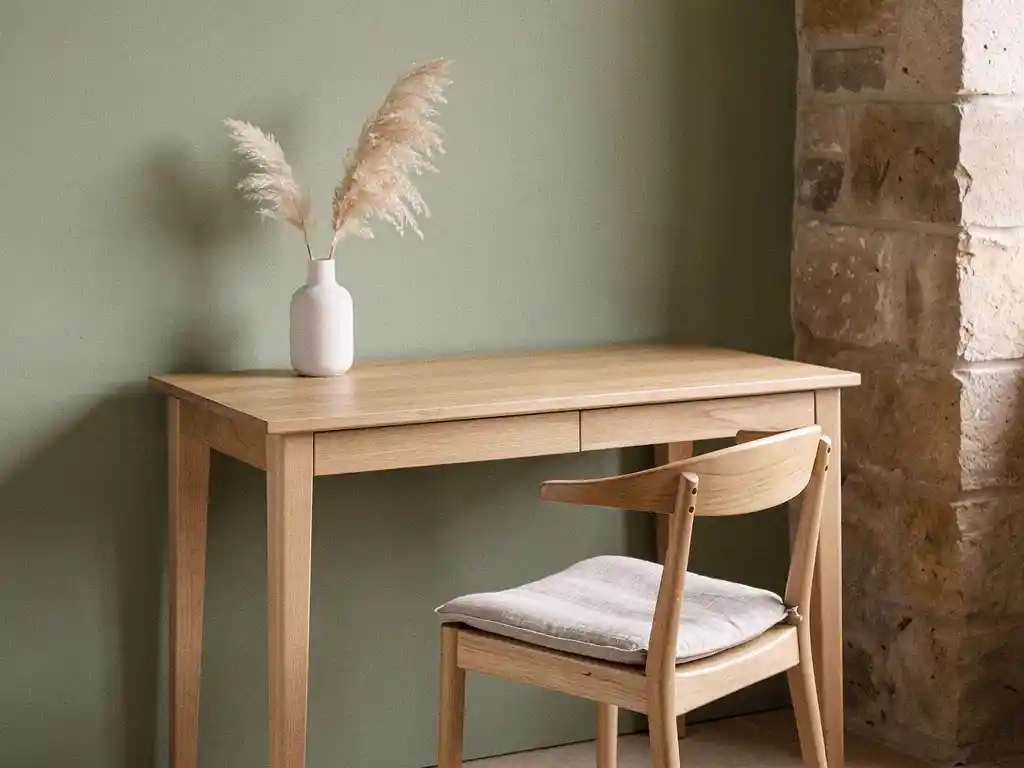 Minimalistisch houten bureau met keramieken vaas en pampagras, linnen kussen op natuurhouten stoel in saliegroen interieur.