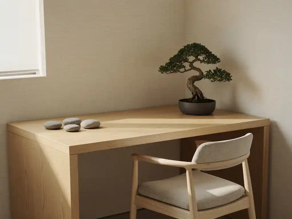 Minimalistisch kantoorhoek met eiken bureau, bonsaiboom, stenen accessoires en linnen kussen op houten stoel in warm natuurlijk daglicht.