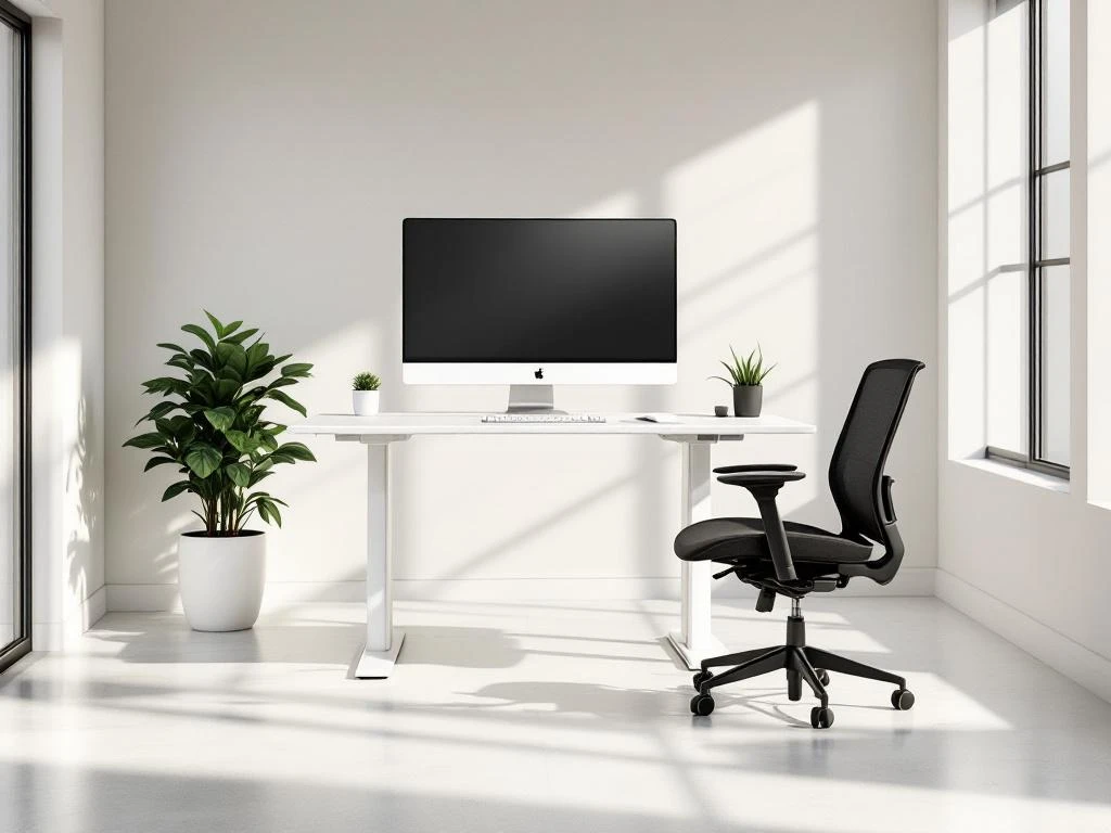 Moderne kantoorwerkplek met witte zit-sta bureau, grote monitor, ergonomische stoel en groene plant bij raam