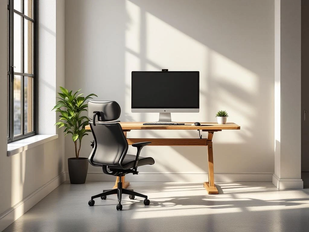 Moderne ergonomische werkplek met zit-sta bureau, zwarte bureaustoel, monitor en plant bij raam met natuurlijk licht
