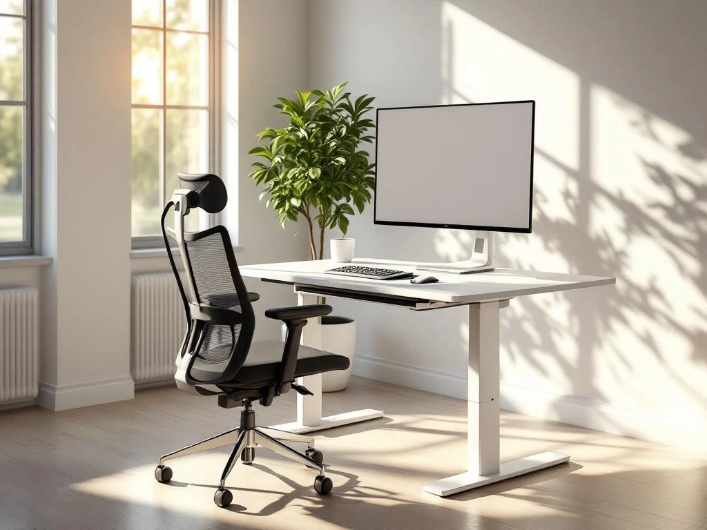 Moderne sta-zit bureau op staande hoogte met ergonomische stoel, gebogen monitor en plant in lichte kantoorruimte