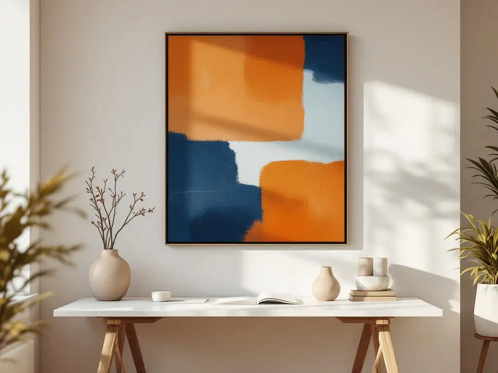 Modern kantoorruimte met abstract schilderij in terracotta en diepblauw boven wit bureau, keramische vaas en minimalistische accessoires
