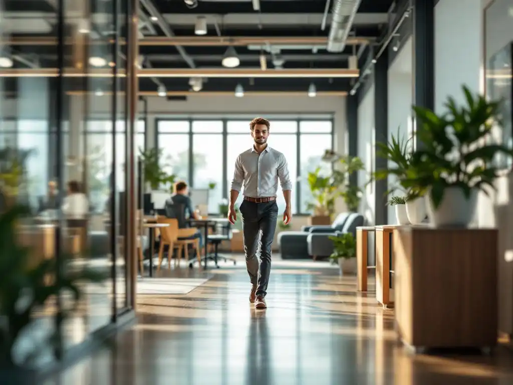Jonge professional loopt door moderne kantoorruimte met ergonomisch meubilair, natuurlijke houtafwerking en groene planten