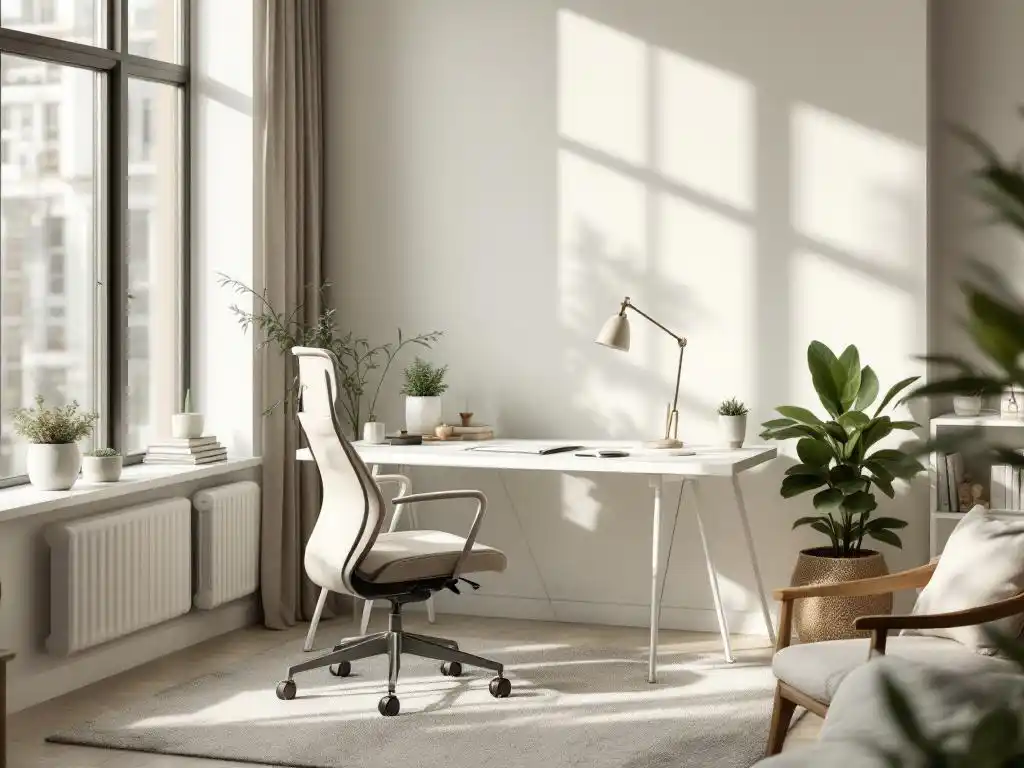 Moderne kantoorruimte met witte bureau, beige ergonomische stoel en kleine vetplant bij grote ramen met natuurlijk licht