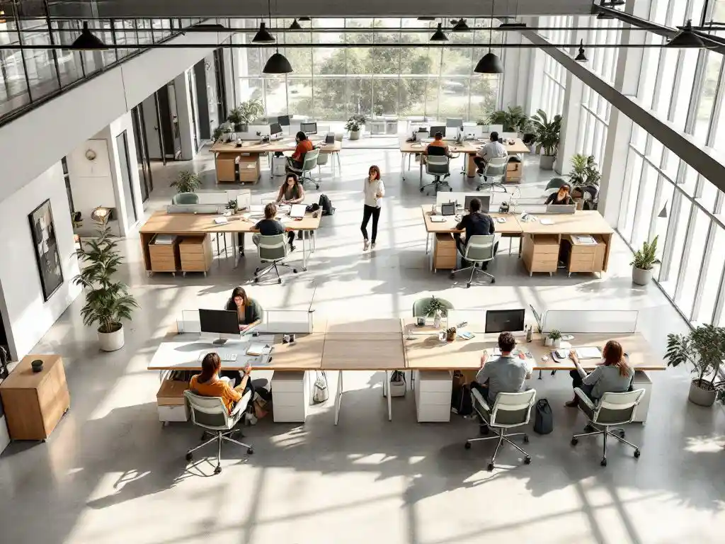Moderne open kantoorruimte met modulaire bureaus, geïntegreerde opslag en medewerkers in een lichte omgeving met natuurlijk hout