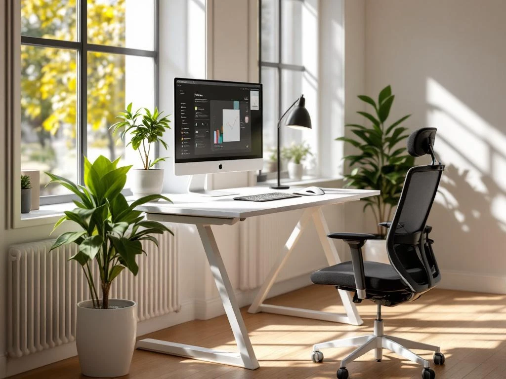 Moderne kantoorwerkplek met witte sta-zit bureau, ergonomische stoel, monitor en plant bij raam met natuurlijk licht