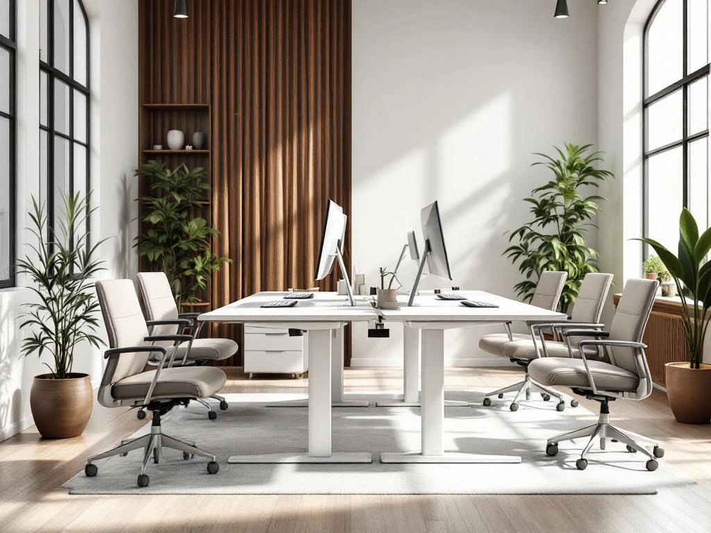 Moderne kantoorwerkplek met ergonomische zit-sta bureaus, computerschermen en natuurlijk licht door grote ramen