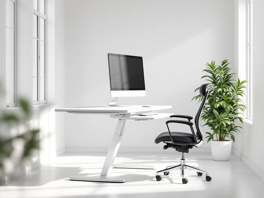 Moderne kantoorwerkplek met witte sta-bureau, ergonomische stoel, monitor en groene plant bij raam
