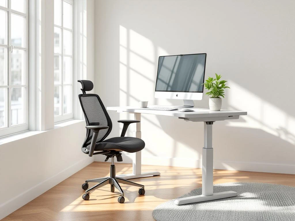 Moderne thuiswerkplek met witte zit-sta bureau, ergonomische stoel, monitor en plant bij raam met natuurlijk licht