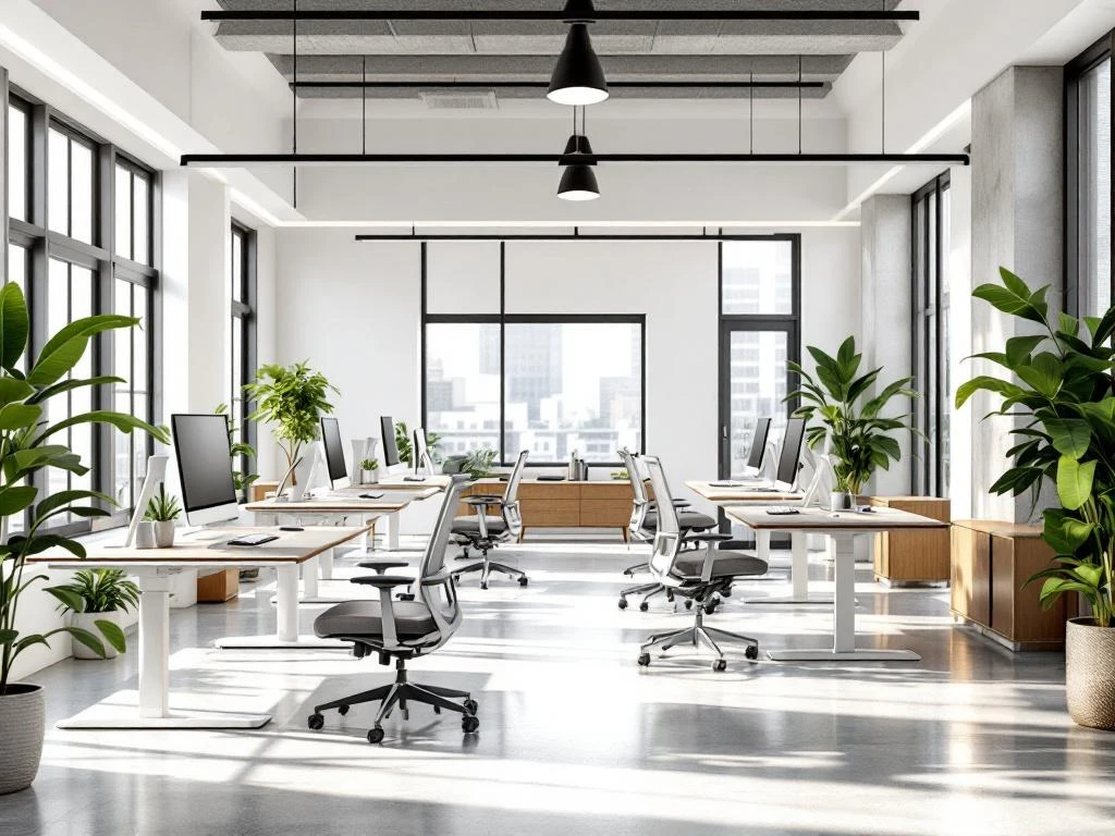 Moderne kantoorwerkplek met ergonomische zit-sta bureaus, natuurlijk licht en groene planten in minimalistische ruimte