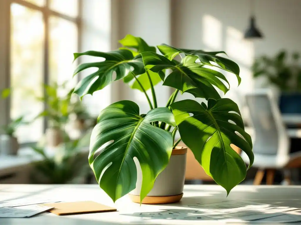 Monstera plant met glanzende bladeren op witte bureautafel met ontwerpschetsen, natuurlijk zonlicht door ramen
