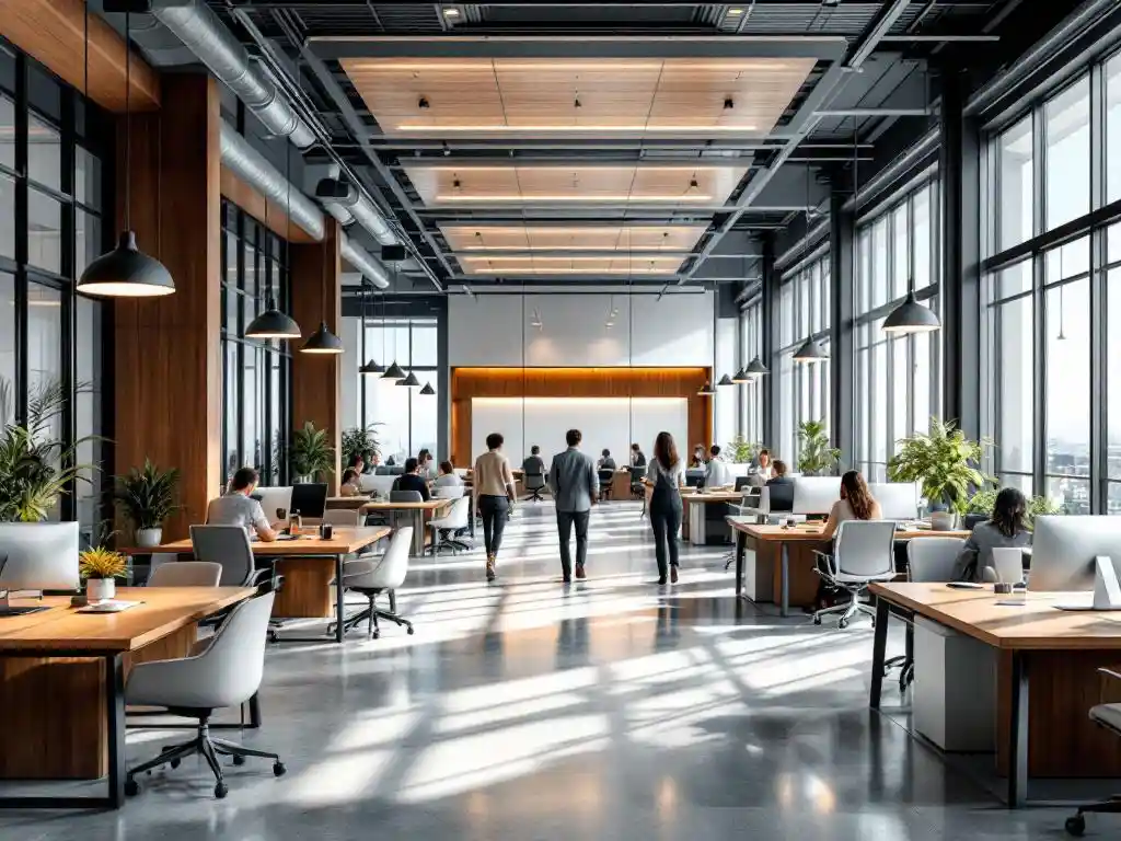 Open kantoorruimte met houten bureaus, ergonomische stoelen en glazen vergaderruimtes, medewerkers bewegen tussen samenwerkingszones