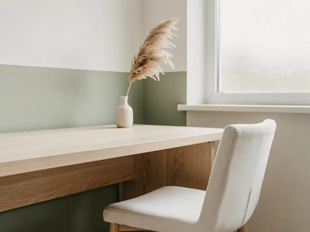 Minimalistisch Scandinavisch bureauhoek met eiken bureau, witte linnen stoel en pampasgras in keramische vaas, zacht noordelijk daglicht.