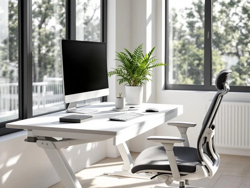 Moderne kantoorwerkplek met witte zit-sta bureau, ergonomische stoel, monitor en plant bij groot raam met natuurlijk licht