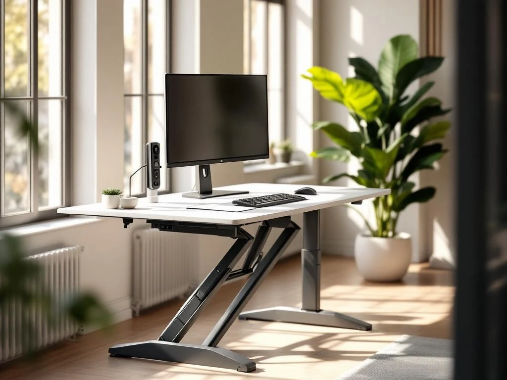 Moderne kantoorwerkplek met sta-zit bureau, ergonomische stoel, monitor en plant bij raam met natuurlijk licht