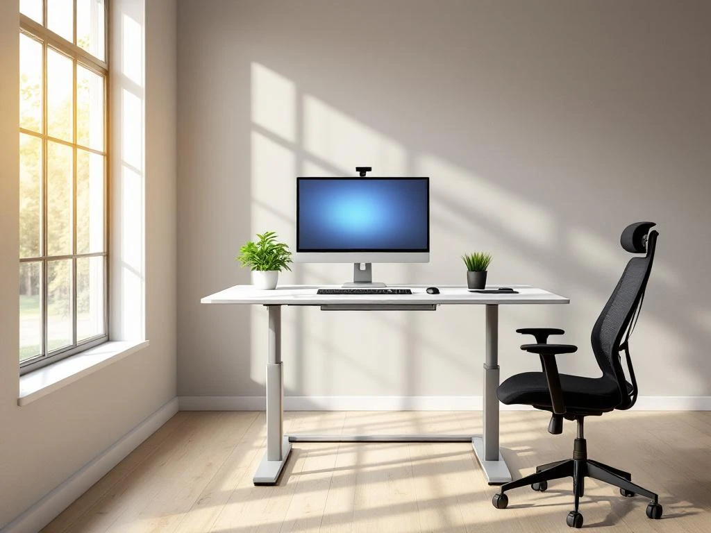 Moderne kantoorwerkplek met in hoogte verstelbaar zit-sta bureau, ergonomische stoel en monitor in lichte ruimte