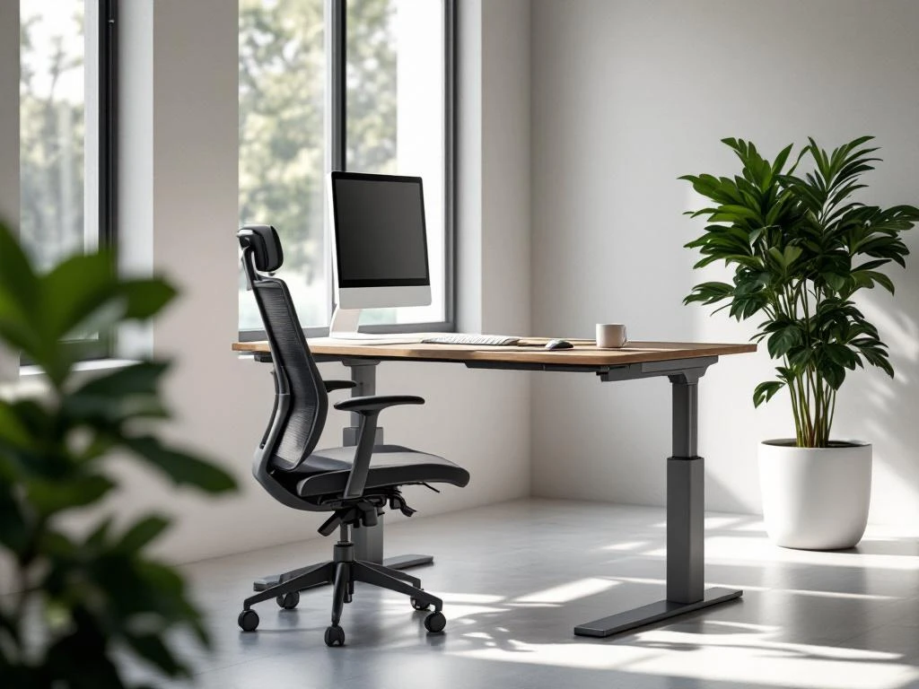Moderne ergonomische kantoorkamer met verstelbaar zit-sta bureau, bureaustoel, monitor en groene plant bij raam