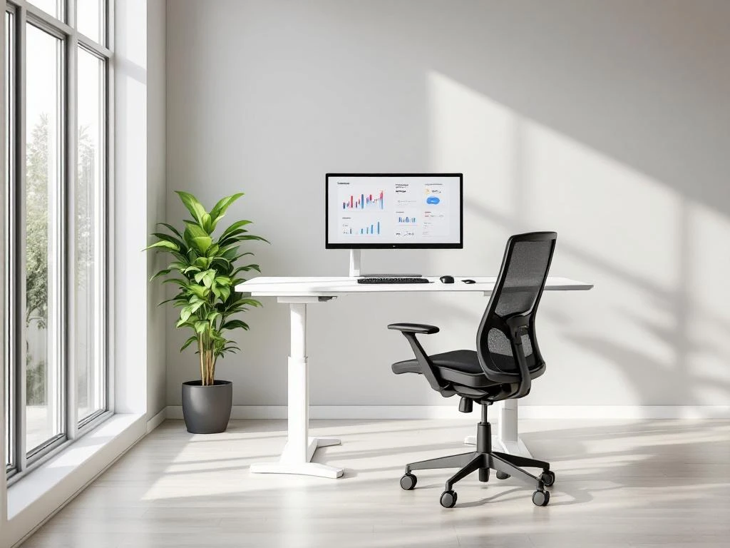 Modern kantoorwerkplek met witte sta-zit bureau, ergonomische stoel, monitor met grafieken en groene plant bij raam