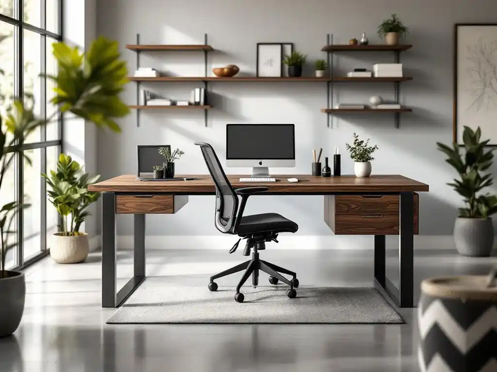 Moderne walnotenhouten bureau met metalen poten en zwevende planken in lichte werkruimte met grote ramen