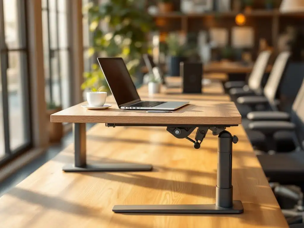 Hoogteverstelbaarbureau in overgangsstand met gemotoriseerd mechanisme, laptop en koffiekop, natuurlijk licht in moderne kantoorruimte