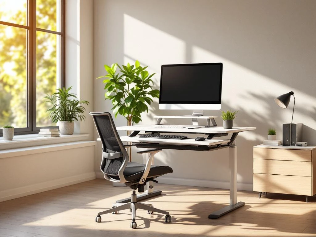 Modern zit-sta bureau in staande positie met ergonomische bureaustoel, monitor en toetsenbord in lichte kantoorruimte