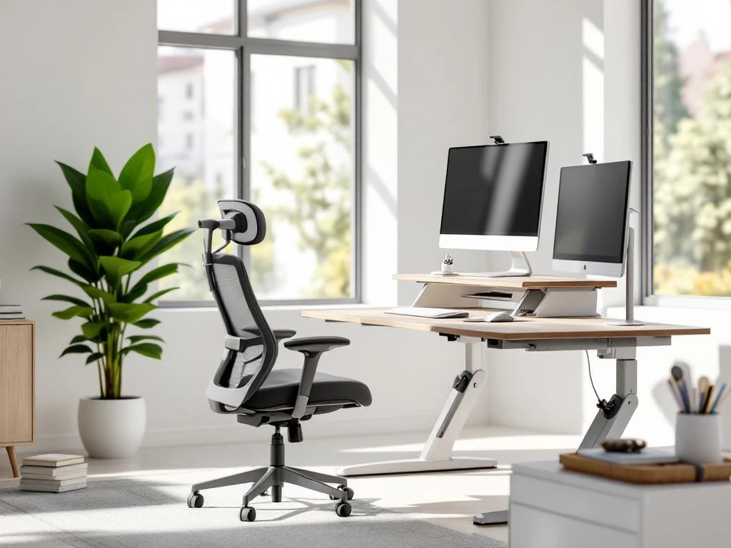 Moderne sta-zit bureau in verhoogde positie met ergonomische stoel, monitor en toetsenbord in kantoorruimte met natuurlijk licht