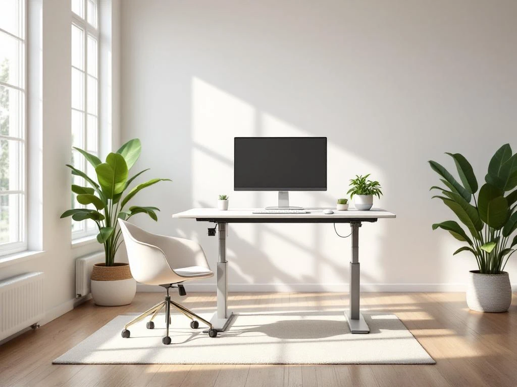 Moderne ergonomische werkplek met zit-sta bureau, monitor en groene plant in minimalistische kantoorruimte